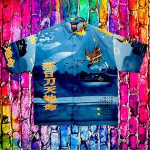 Bare Fox Collection Anime Mens Shirt size Large Asian Ninja Blue Martial Arts